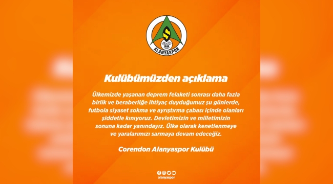 Alanyaspor'dan 'hükümet istifa' seslerine kınama