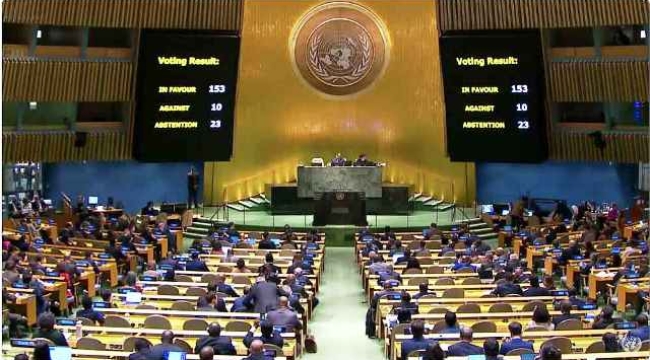BM Genel Kurulu, Gazze'de acilen insani ateşkes istenilen karar tasarısını 153 oyla kabul etti